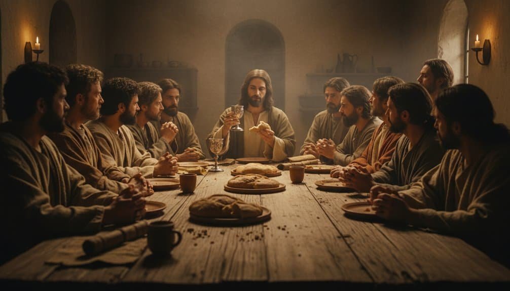 Jesus Christ, Last Supper, Bible, Christian worship, religious gathering, Holy Communion, Jesus with disciples, Christian faith, spiritual unity, biblical scene, religious prayer.