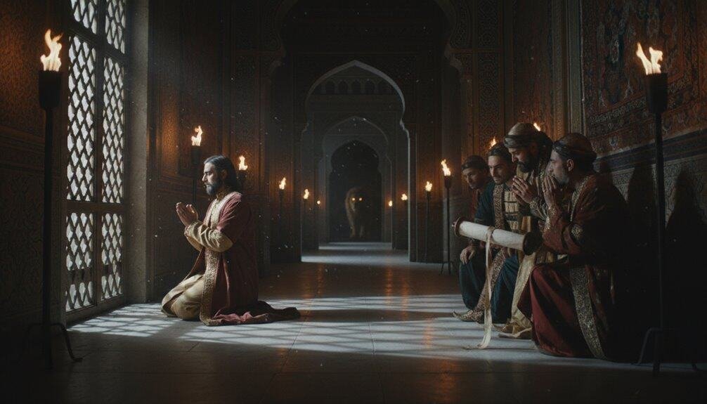 A group of men dressed in traditional attire praying together inside a beautifully decorated mosque with intricate patterns and flickering torches enhancing the spiritual atmosphere.