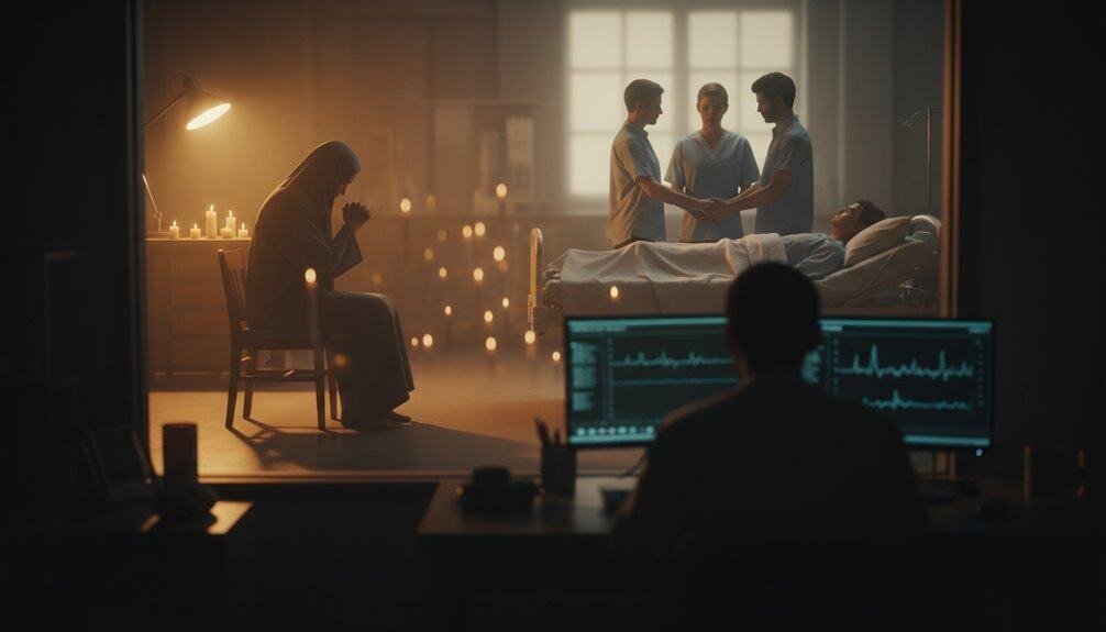 The Surprising Science Behind Why Praying for Others Actually Works Better My Bible Song 2026 A woman prays deeply in a dimly lit room with candles, while a hospital scene with patients and caregivers is visible through a glass window, highlighting faith and comfort during medical challenges.