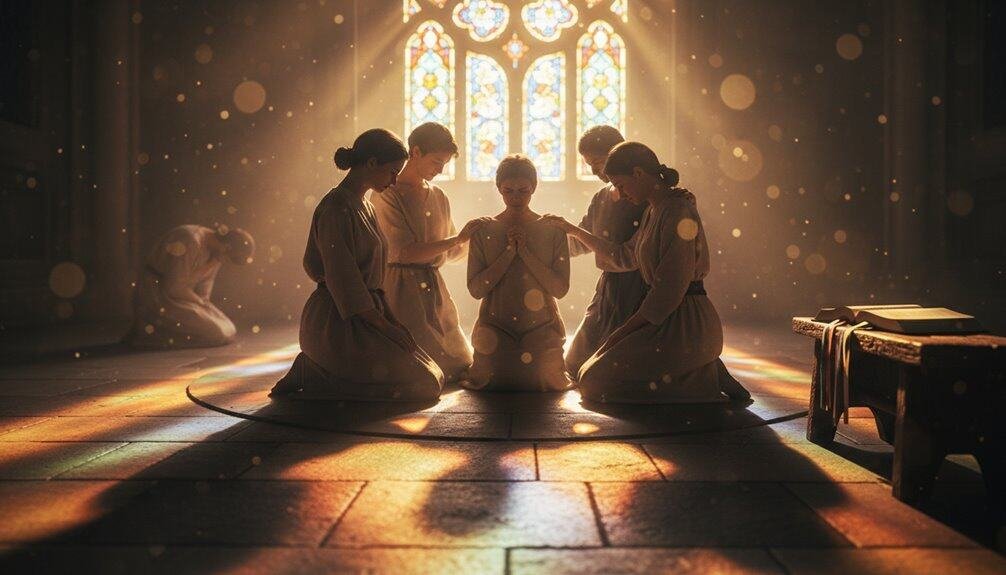 ALT: Group of children kneeling and praying inside a church with colorful stained glass windows, warm sunlight, and a spiritual atmosphere.