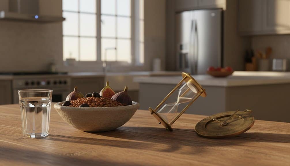 Decorative kitchen scene with fresh figs, black olives, and recycled glass of water for healthy living.