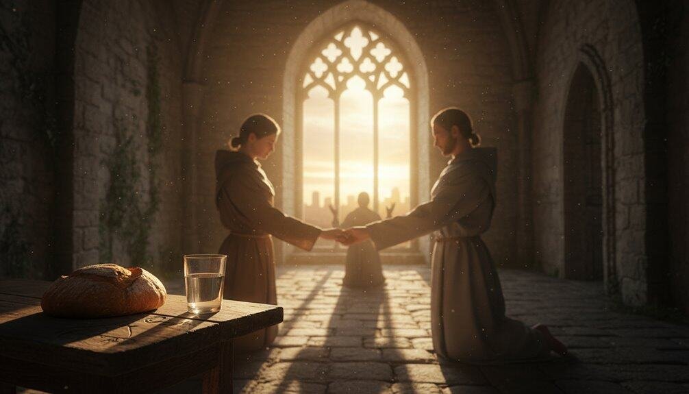 A religious scene with two women praying and holding hands inside a church at sunset, symbolizing faith, prayer, and spiritual connection.