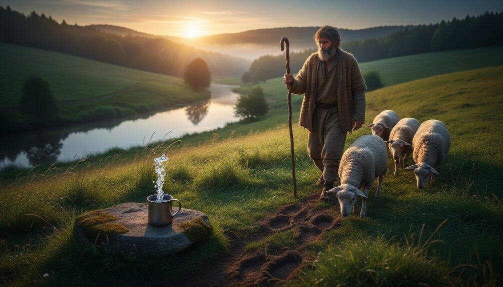 Shepherd guiding sheep near a river during sunset, symbolizing faith and guidance in Christianity for Bible-based worship and inspirational religious imagery.
