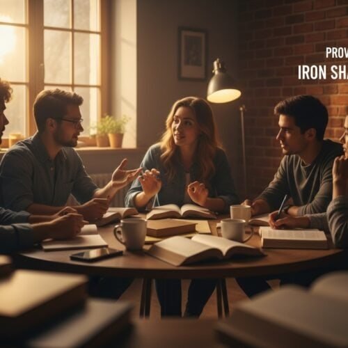 Young adults discussing faith and scripture in cozy library setting, deepening spiritual understanding and fellowship, inspired by Proverbs 27:17 "Iron Sharpens Iron.".