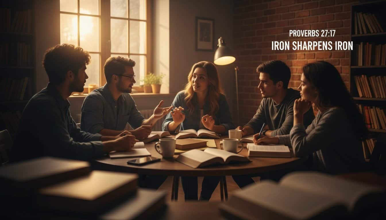 Young adults discussing faith and scripture in cozy library setting, deepening spiritual understanding and fellowship, inspired by Proverbs 27:17 "Iron Sharpens Iron.".