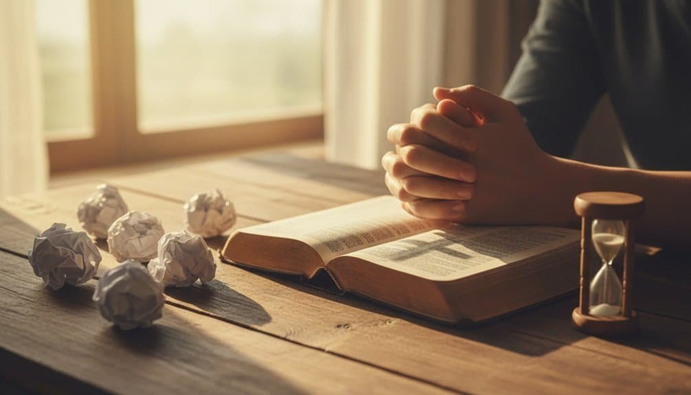 A person praying with hands clasped over an open Bible on a wooden table, with crumpled paper balls and an hourglass, symbolizing faith, devotion, and spiritual reflection.