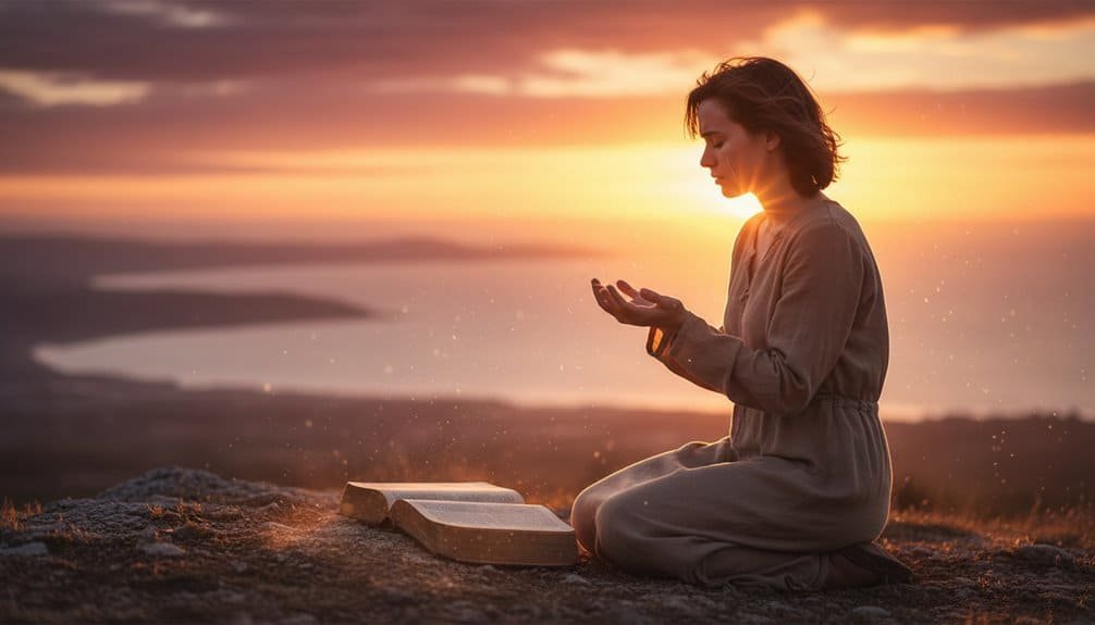 A woman kneeling by an open Bible at sunset, praying and worshiping, capturing peaceful spiritual moments inspired by My Bible Song for faith-based music and devotion.