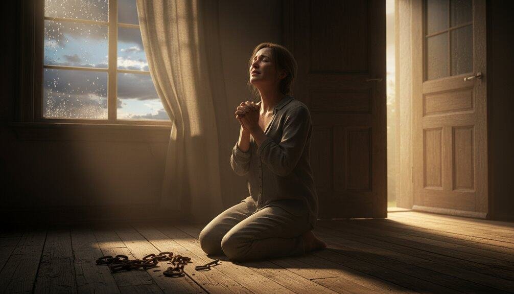 Praying woman kneeling in a wooden room with sunlight, Bible, and chains on the floor, symbolizes faith, prayer, and spiritual freedom, inspired by My Bible Song, perfect for Christian worship and devotion.