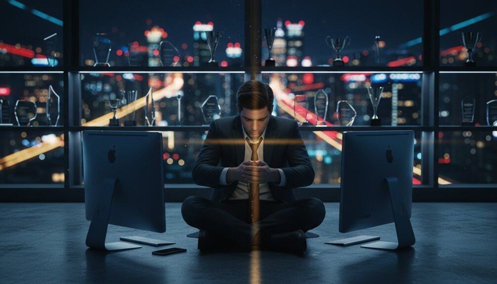 A man sits cross-legged in front of two Apple iMac computers, holding a glowing sword in a contemplative pose inside a modern office at night, with city lights and a bridge visible through large windows.