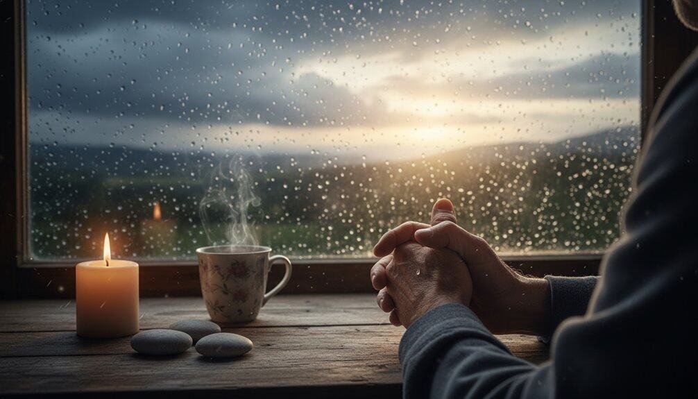 Peaceful devotion and prayer at rainy window, candlelight, steaming coffee, faith reflection, spiritual connection, calming moment, religious worship, solitude, serenity, Christian prayer.
