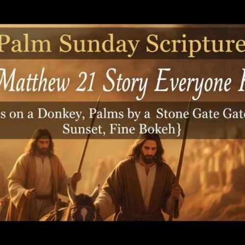 Matthew 21 Palm Sunday Scripture: The Story Everyone Knows My Bible Song 2026 Jesus on a donkey at sunset with palms at the stone gate at sunset, illustrating the biblical story of Matthew 21 and the significance of Palm Sunday in Christianity.