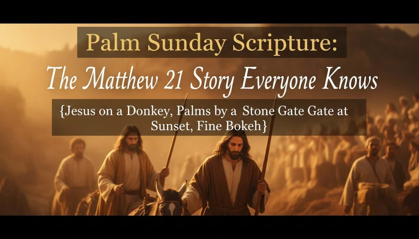 Jesus on a donkey at sunset with palms at the stone gate at sunset, illustrating the biblical story of Matthew 21 and the significance of Palm Sunday in Christianity.