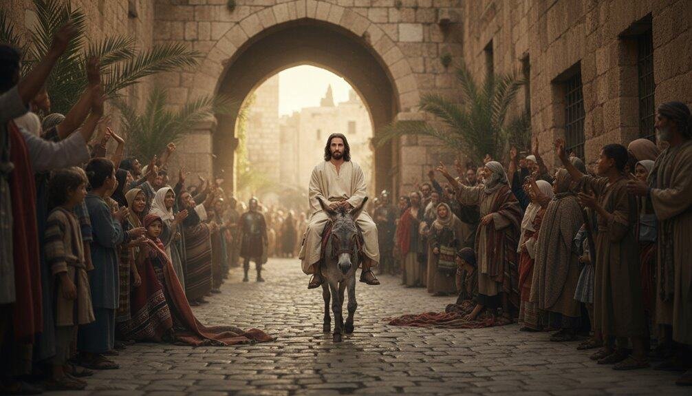Jesus riding a donkey to Jerusalem, surrounded by cheering crowd during biblical Palm Sunday scene, with historic stone buildings and palm trees, emphasizing faith and worship themes.