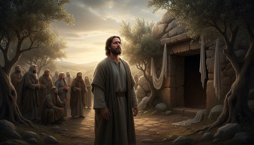 Jesus with disciples by the tomb, biblical scene, spiritual faith, Christian worship, resurrection story, biblical illustration, religious artwork, divine salvation, biblical history, Christian inspiration, religious devotion, spiritual journey, Jesus teachings, biblical scenery, prayer, faith in God, biblical events, Christian hope, divine love, salvation message.