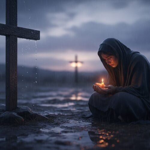 Why John 3-16 Still Breaks Hearts 2000 Years Later My Bible Song 2026 A woman in prayer holding a candle during rain at sunset with a cross in the background, symbolizing faith, hope, and spirituality. Perfect for religious or Christian music themes emphasizing devotion and prayer.