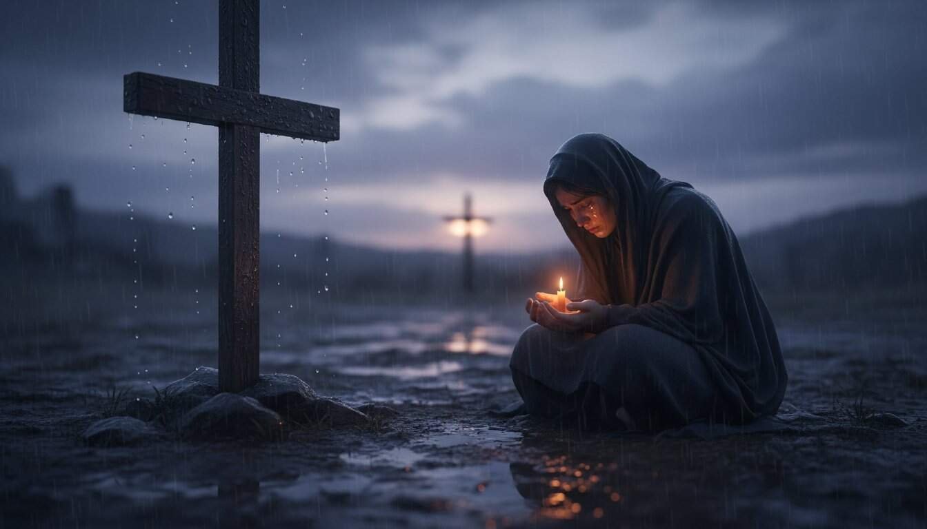 A woman in prayer holding a candle during rain at sunset with a cross in the background, symbolizing faith, hope, and spirituality. Perfect for religious or Christian music themes emphasizing devotion and prayer.
