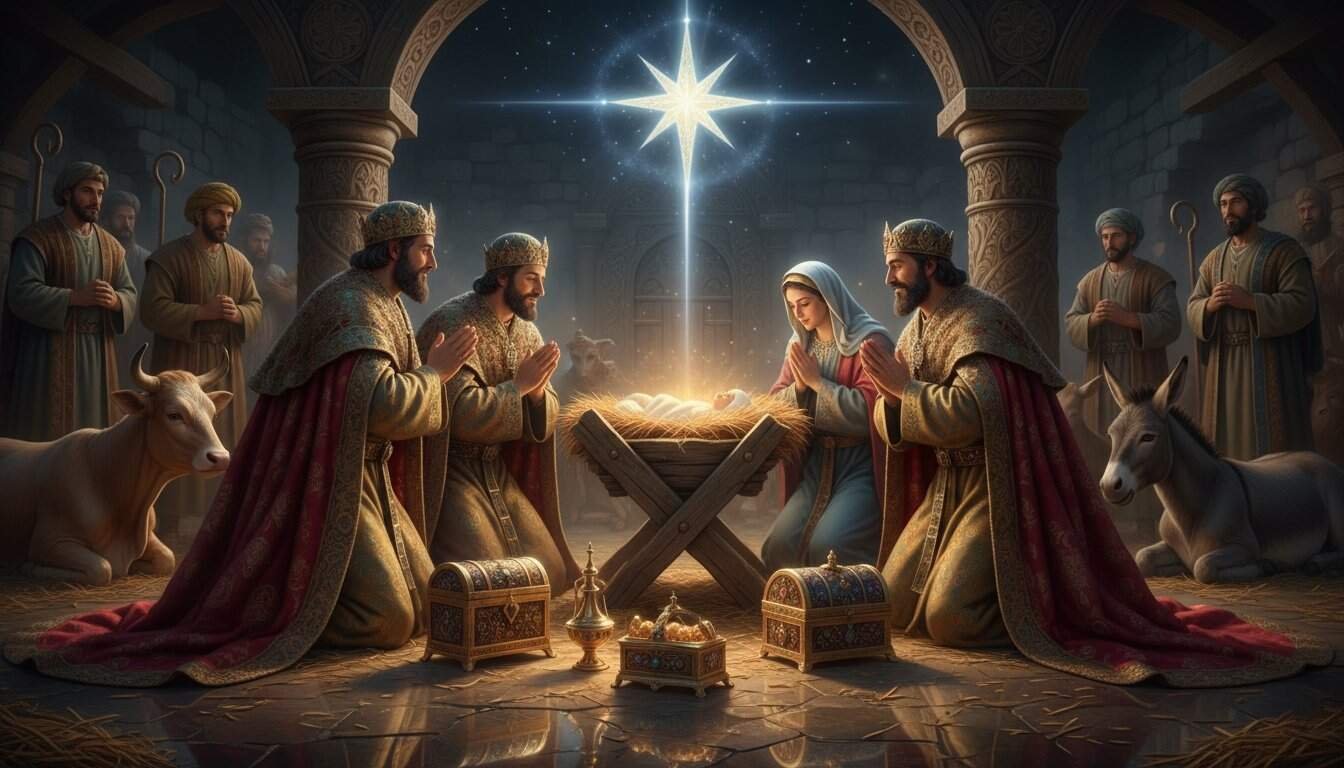 Celebrating the Nativity with a joyful biblical scene, highlighting the significance of the birth of Jesus Christ, perfect for Christian holiday music and worship.