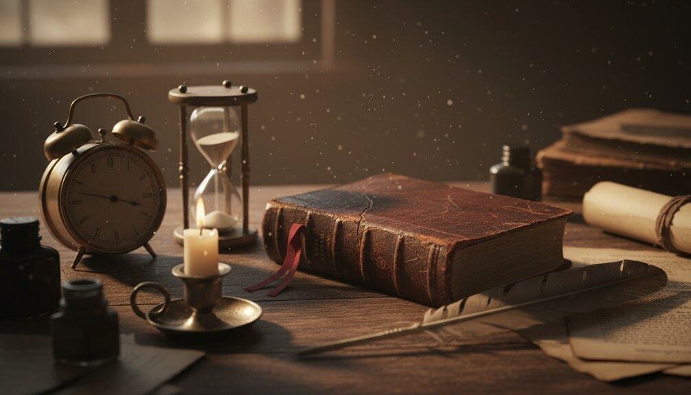 Antique books, vintage ink bottles, and a feather quill on a wooden desk with candlelight. An hourglass and alarm clock symbolize patience and time in prayer, creating a serene, spiritual atmosphere for reflection and devotion.
