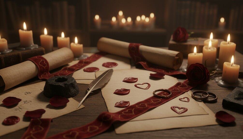 Beautifully decorated love letters with hearts, roses, wedding rings, and candles, creating a romantic and spiritual atmosphere for prayer and reflection. Ideal for Christian devotion and romantic Bible-inspired gestures.