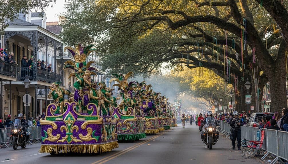 Vibrant Mardi Gras parade floats with elaborate costumes, lively crowds, and festive music during New Orleans Mardi Gras celebration.