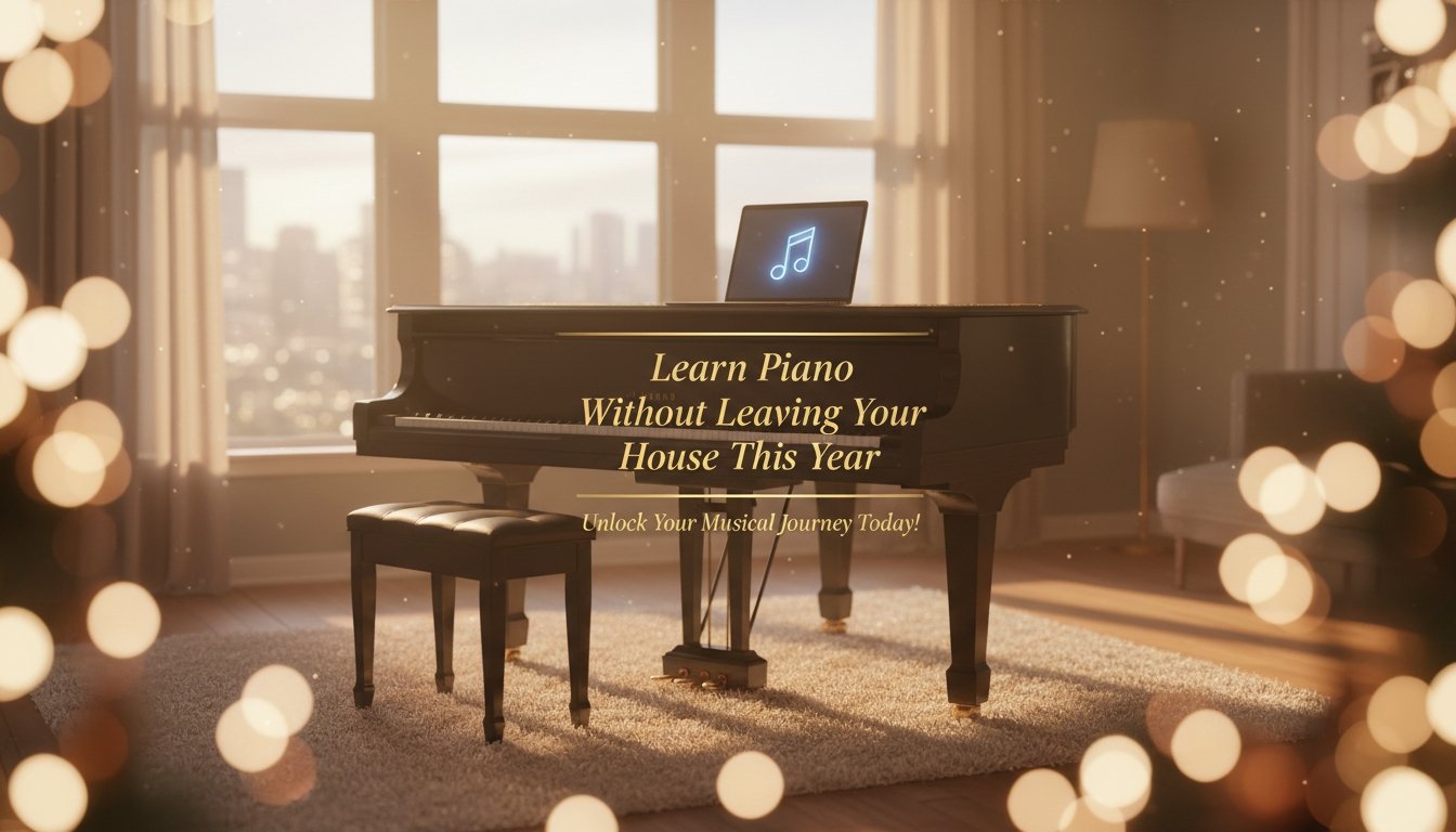 High-quality image of a grand piano ready for home piano lessons, promoting learning piano without leaving your house. Ideal for those seeking online or in-home musical instruction.
