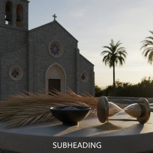 Countdown: When Lent 2025 Actually Begins This Year My Bible Song 2026 A serene image of a church with palm trees during sunset, featuring a round stone table with wheat, a black bowl, and an hourglass, symbolizing faith, time, and devotion in spiritual and biblical contexts.