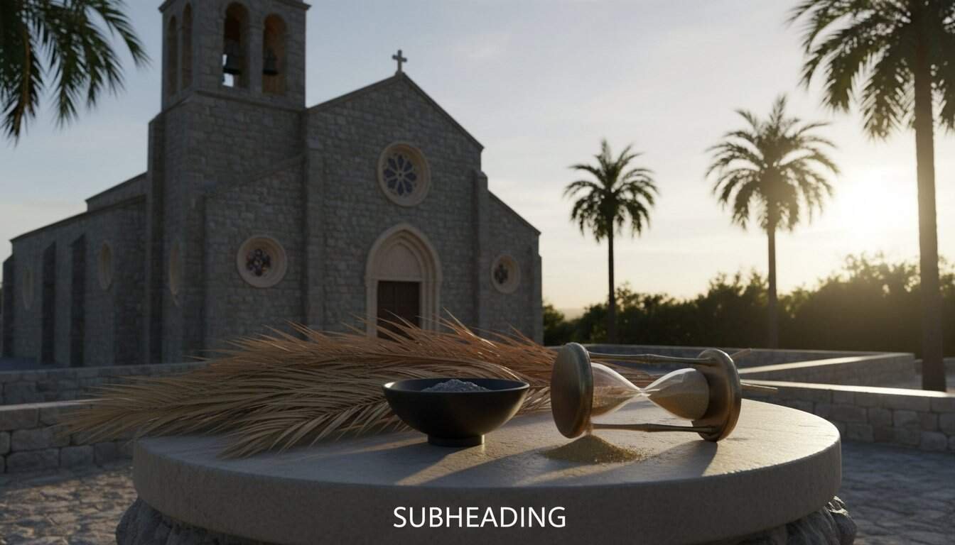 A serene image of a church with palm trees during sunset, featuring a round stone table with wheat, a black bowl, and an hourglass, symbolizing faith, time, and devotion in spiritual and biblical contexts.