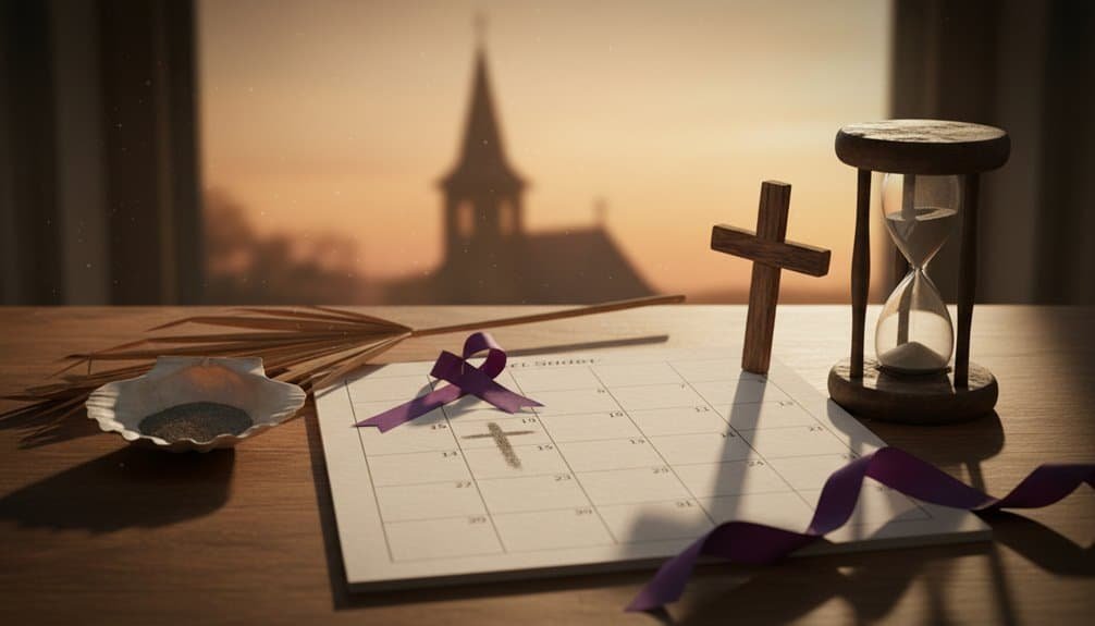 Bible study setup with calendar, cross, hourglass, and prayer ribbon for spiritual growth and devotion.