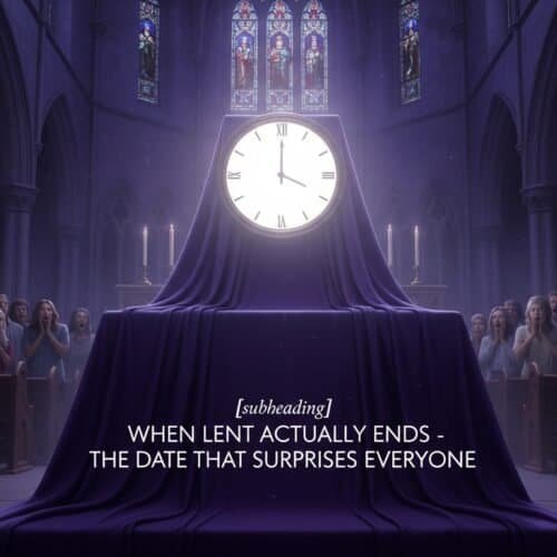 A digital illustration of a church interior with a large clock, surprises at the end of Lent, church congregation expressing awe, and religious symbolism emphasizing faith and spiritual renewal.