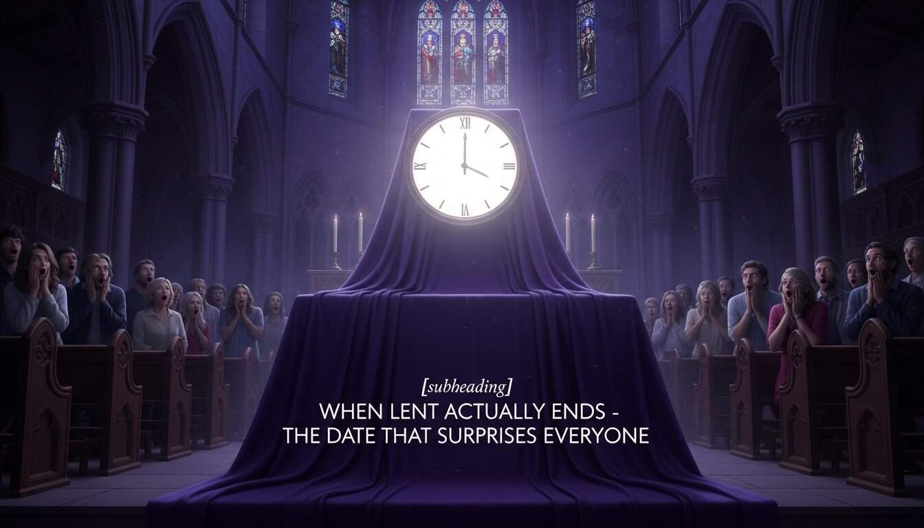 A digital illustration of a church interior with a large clock, surprises at the end of Lent, church congregation expressing awe, and religious symbolism emphasizing faith and spiritual renewal.
