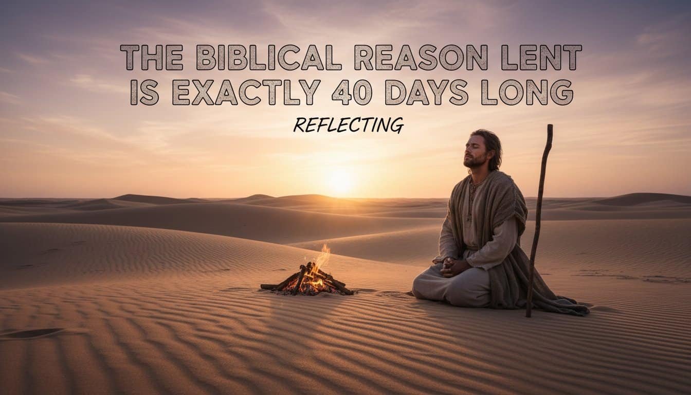 Alt text: Man kneeling by a campfire in a desert during sunset, symbolizing spiritual reflection for Lent and the 40-day period.