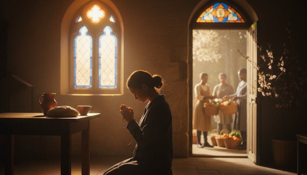 A woman kneeling in prayer inside a church, illuminated by sunlight through stained glass windows, with a Bible and rosary beads, highlighting devotion and faith.