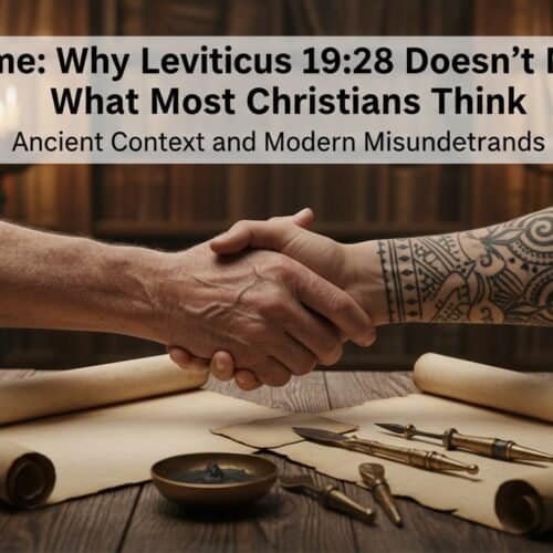 Elderly and tattooed person shaking hands over old scrolls and writing tools, reflecting discussions on biblical themes and Christian faith, with emphasis on biblical context, modern misconceptions, and spiritual growth.