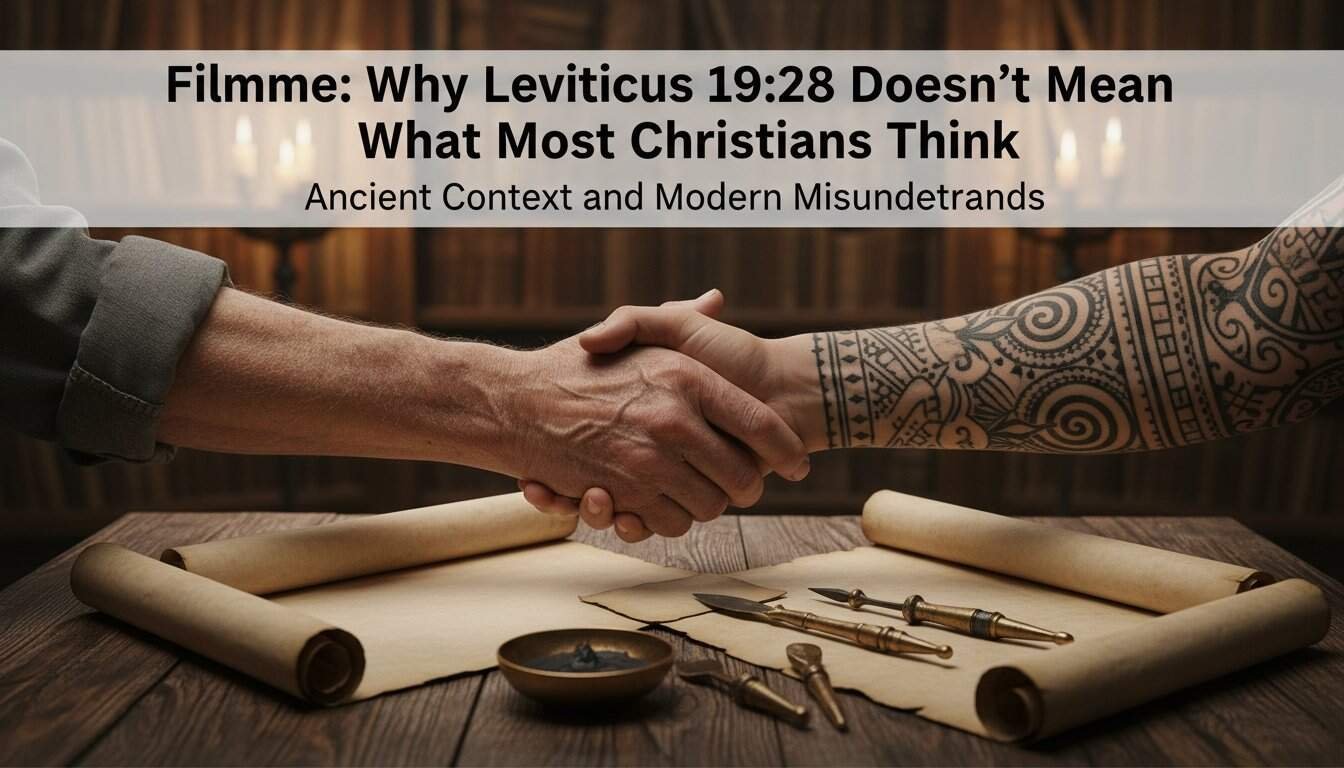 Elderly and tattooed person shaking hands over old scrolls and writing tools, reflecting discussions on biblical themes and Christian faith, with emphasis on biblical context, modern misconceptions, and spiritual growth.