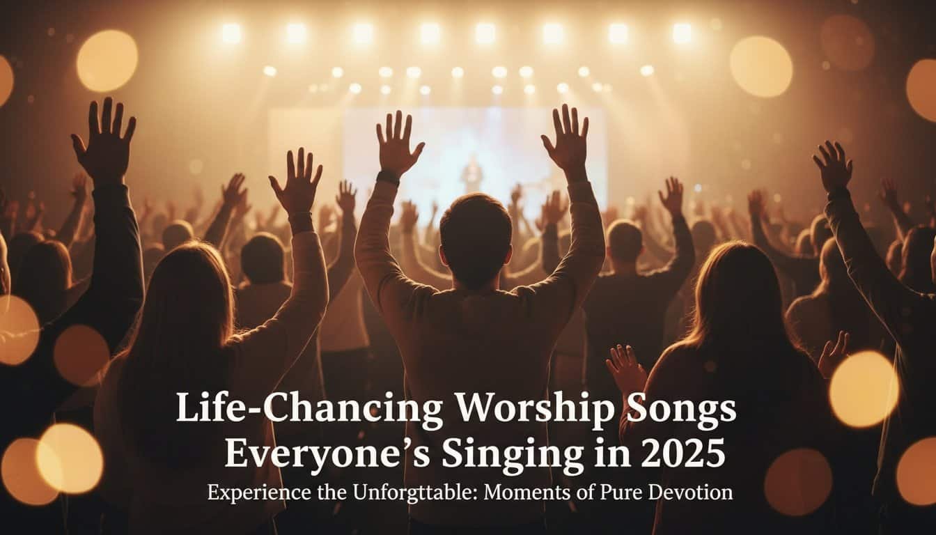 A group of diverse people raising hands in worship during a church service with warm lighting and a vibrant atmosphere.