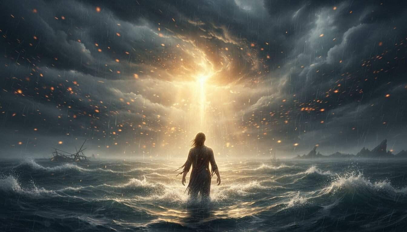 Bright light shining through dark storm clouds over turbulent ocean with ships, representing faith and perseverance in difficult circumstances.