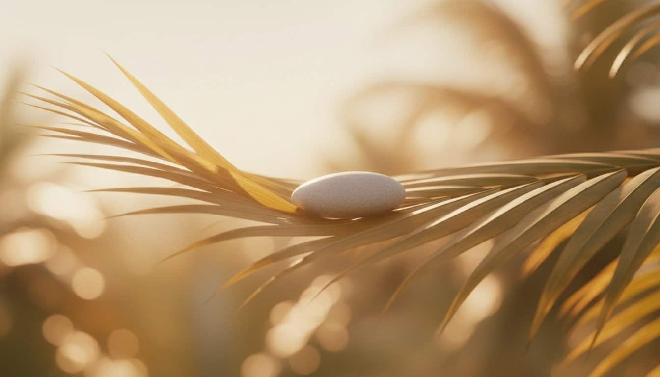 Delicate white stone resting on golden palm leaves at sunset, symbolizing serenity and faith for My Bible Song, emphasizing Christian worship, praise, and spiritual connection.