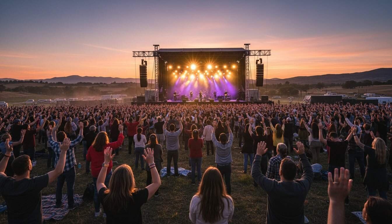 Vast outdoor church worship concert with large congregation, stage lights, and scenic sunset, highlighting spiritual gathering, praise, worship music, and faith celebration.