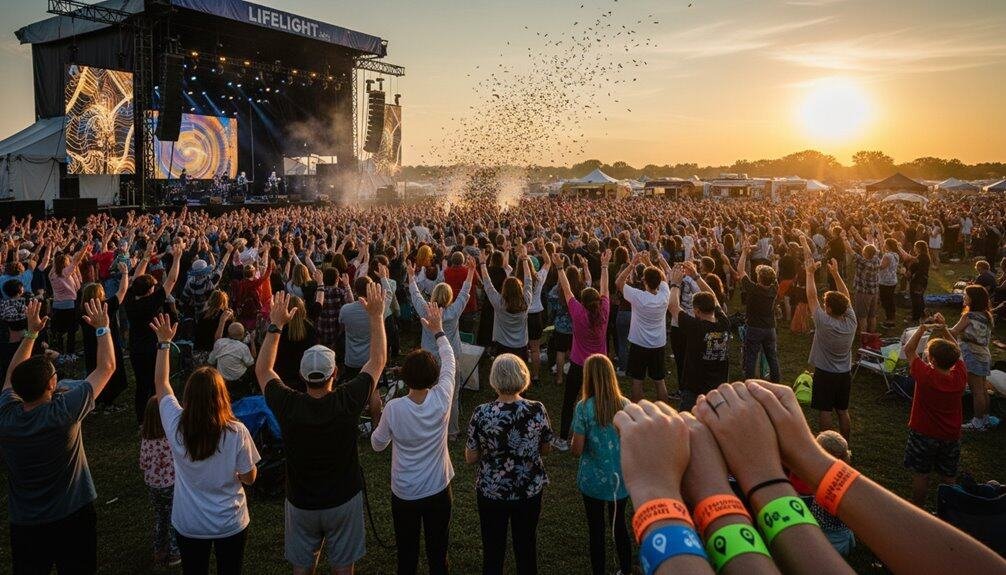 An energetic outdoor Christian music event at sunset with a large crowd raising hands, vibrant stage, and lively worship atmosphere for faith-based event promotion.