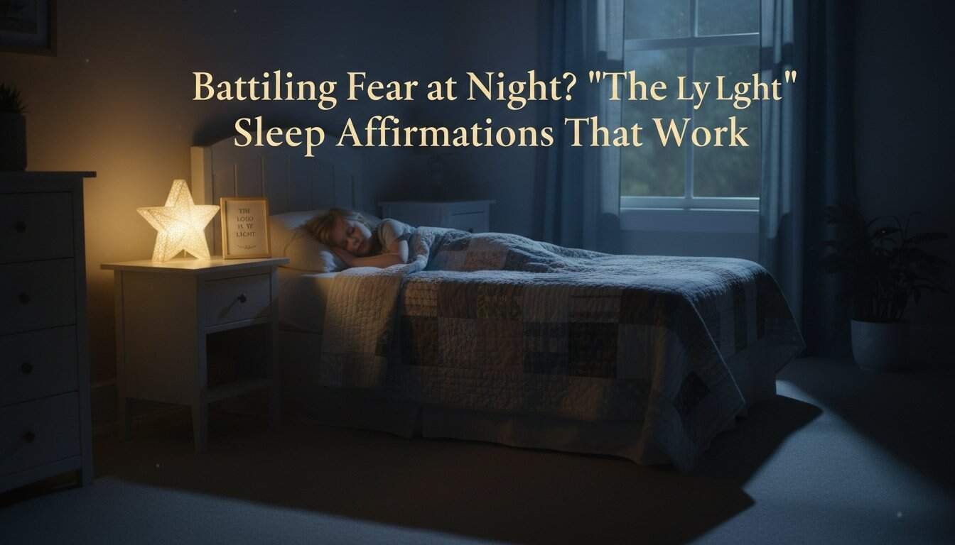 A young girl sleeps peacefully in a cozy bedroom illuminated by a soft night light, emphasizing faith, sleep affirmations, and nighttime comfort for battling fear at night.