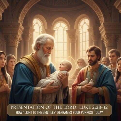 Elderly man holding baby Jesus surrounded by diverse people in a church setting.
