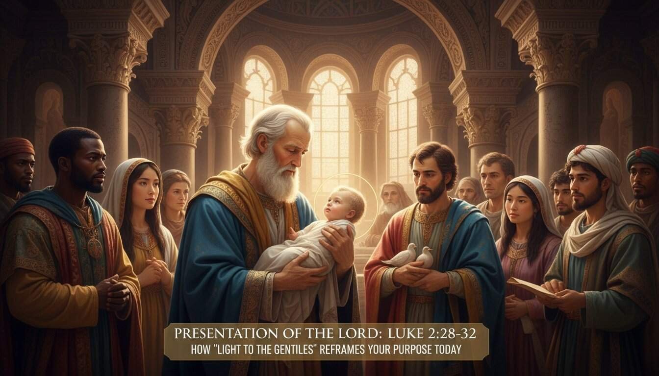 Elderly man holding baby Jesus surrounded by diverse people in a church setting.