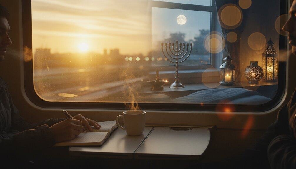 A peaceful moment of faith and reflection during a train journey at sunset, with menorah and candles on the windowsill, symbolizing Hanukkah and spiritual connection.