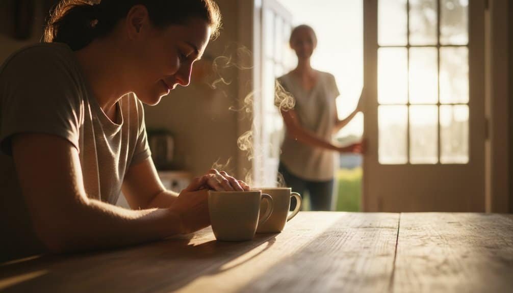 Young woman praying with coffee at sunrise, peaceful morning devotional, Bible verses, spiritual reflection, faith practice, calming worship song, uplifting worship music, Christian prayer moments.