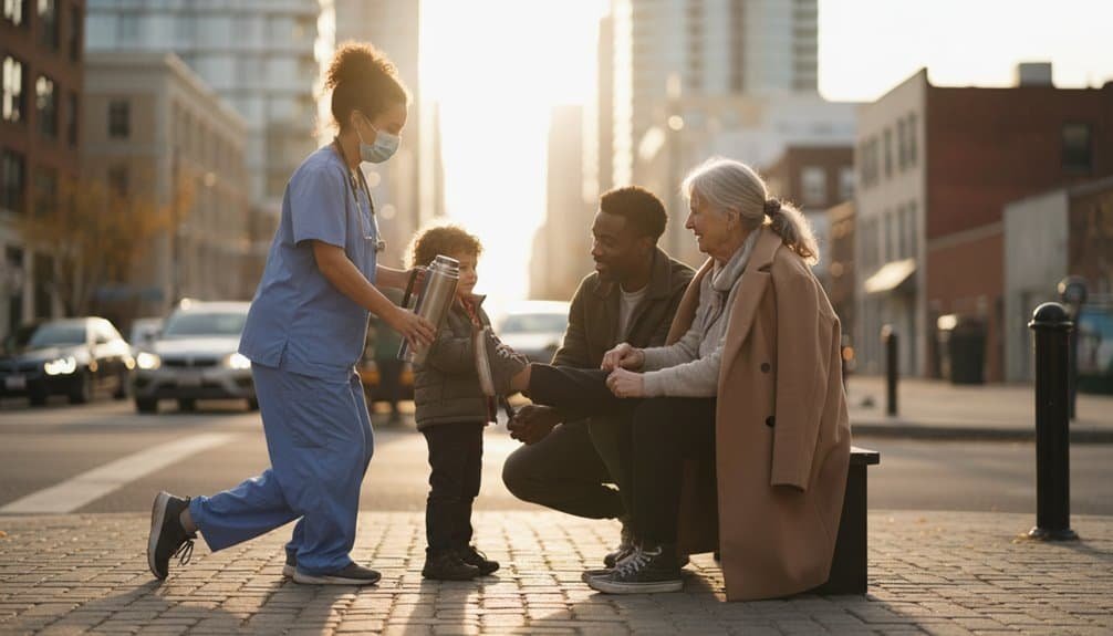 A healthcare worker in scrubs hands a hot drink to a smiling elderly woman and her grandson on a city sidewalk during sunset, exemplifying kindness and community support.
