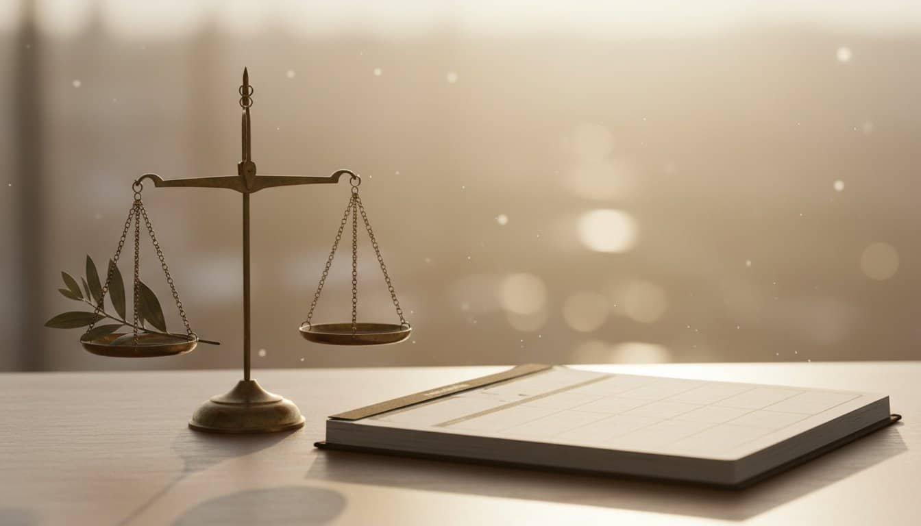 Balanced justice scale with olive branch, symbolizing peace and fairness, placed on a wooden table next to a blank journal, representing faith, law, or spiritual reflection, with soft light bokeh background.