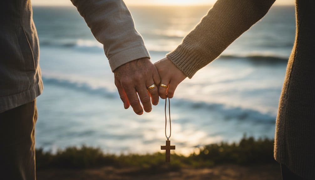 A close-up of two people hand-in-hand holding a cross necklace by the beach at sunset, symbolizing faith, love, and Christian devotion. Ideal for promoting Bible songs, Christian music, and spiritual inspiration.
