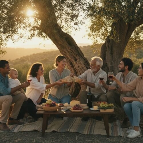 An outdoor family gathering at sunset with a family sharing bread and wine under a large tree, highlighting themes of faith, fellowship, and biblical values for religious and family-oriented content.