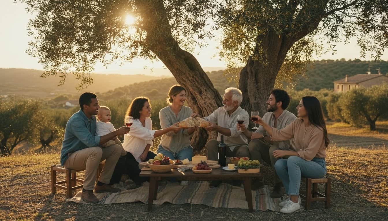 An outdoor family gathering at sunset with a family sharing bread and wine under a large tree, highlighting themes of faith, fellowship, and biblical values for religious and family-oriented content.