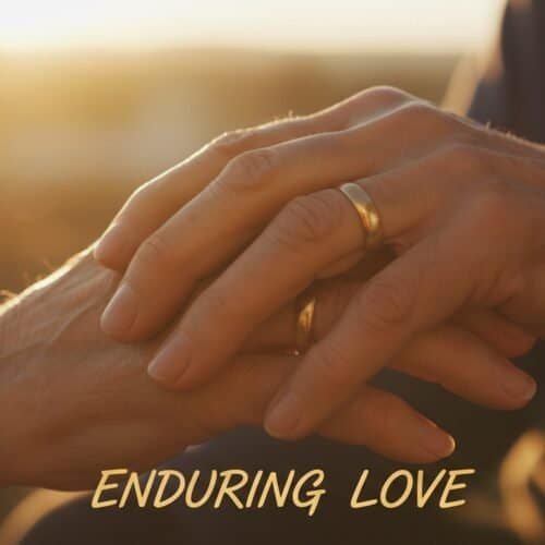 Close-up image of two hands holding each other gently, symbolizing enduring love and faith, with a warm sunset background. Perfect for promoting Christian songs about love, faith, and spiritual connection.